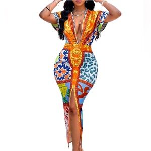 Sexy Stretch Summer Vacation Bohemian Deep V-Neck Kimono Dress Size Large